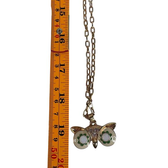 Vintage Owl Pendant Necklace Gold Tone – Enamel Faux Opal Eyes Retro Statement - Picture 4 of 5